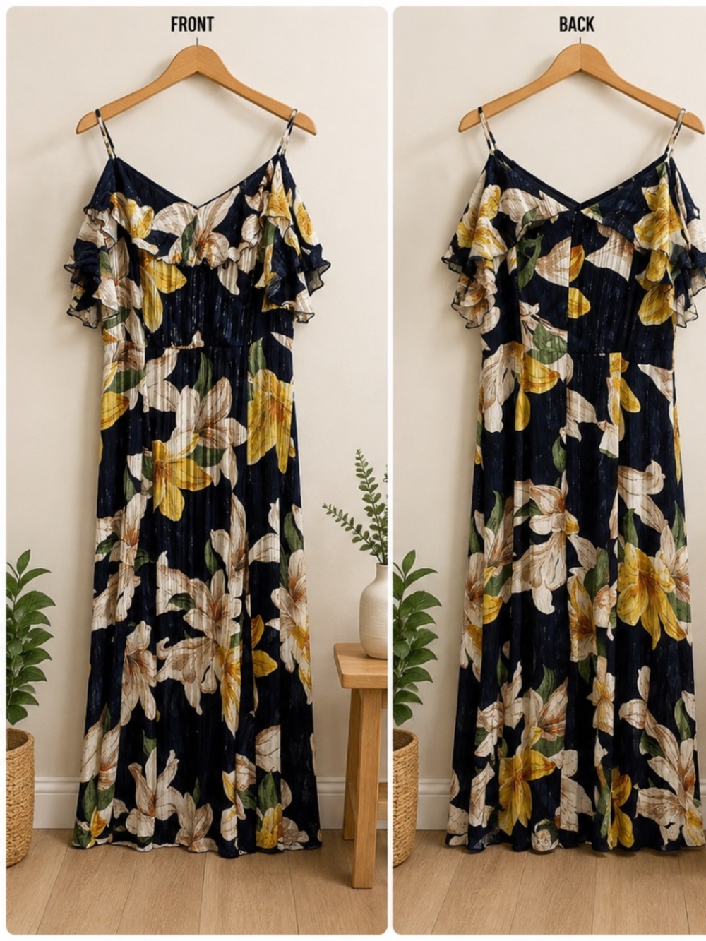 Alexa B Nites yellow blue floral long dress gold filament shoulder open short